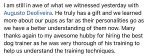 Augusto Deoliveira dog training testimonial still in awe of what we witnessed he truly has a gift